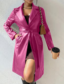 Long Sleeve Lapel PU Leather Jacket With Pockets Slim Fit Long Trench Coat Women's Clothing