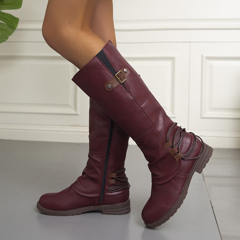 Round Toe Square Heel Leather Boots