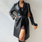 Long Sleeve Lapel PU Leather Jacket With Pockets Slim Fit Long Trench Coat Women's Clothing