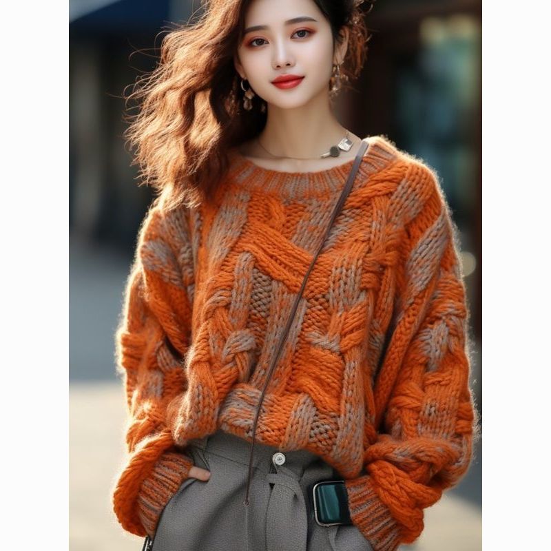 Orange Classic Style Thick Thread Sweater