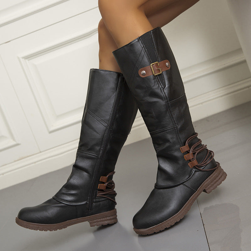 Round Toe Square Heel Leather Boots