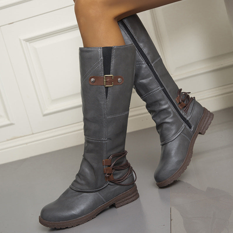 Round Toe Square Heel Leather Boots